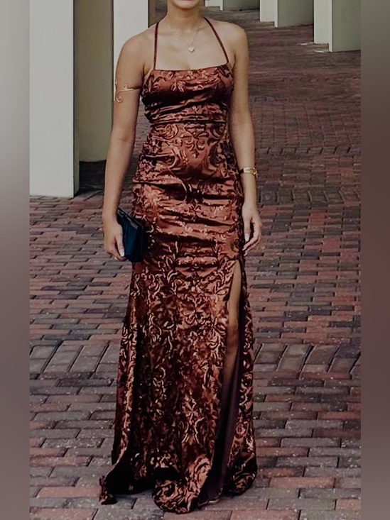 Windsor Dresses & Skirts - Windsor Brown Jacquard Halter Prom Gown with Slit